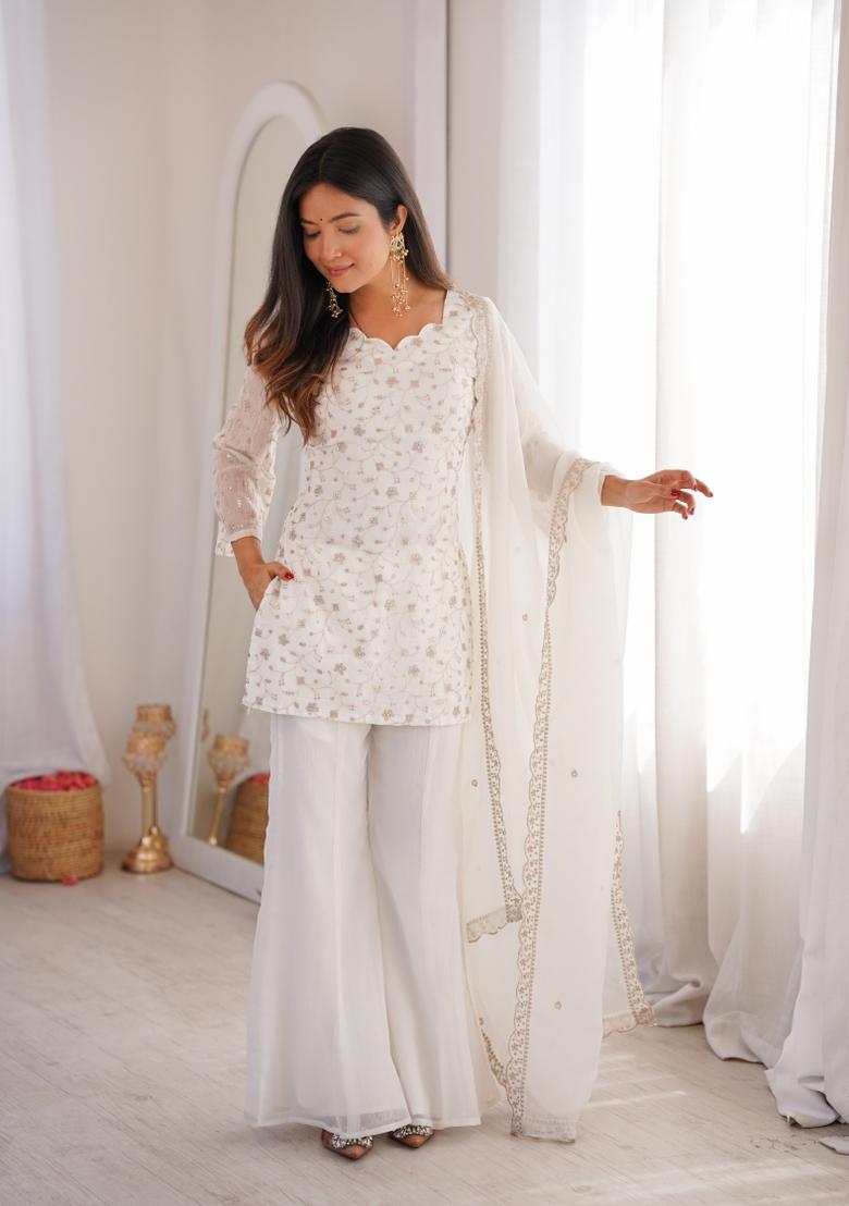 Off White Embroidery Silk Kurta Set - Indya