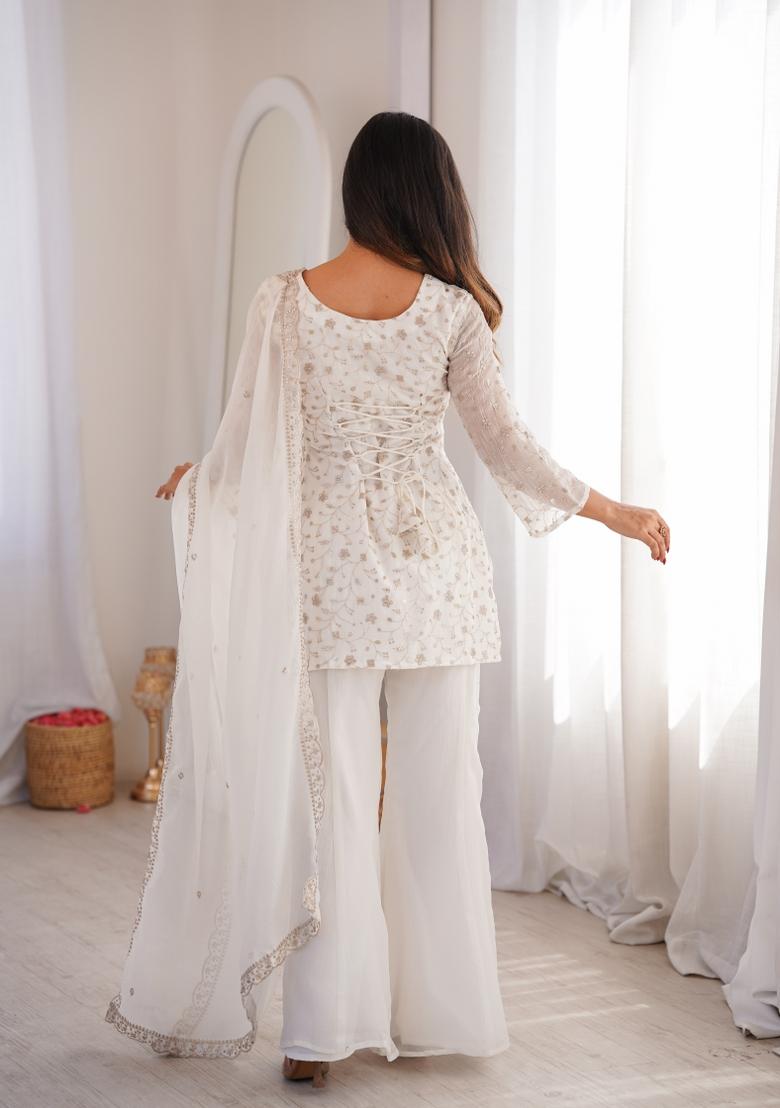 Off White Embroidery Silk Kurta Set - Indya