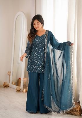 Teal Blue Embroidery Silk Kurta Set