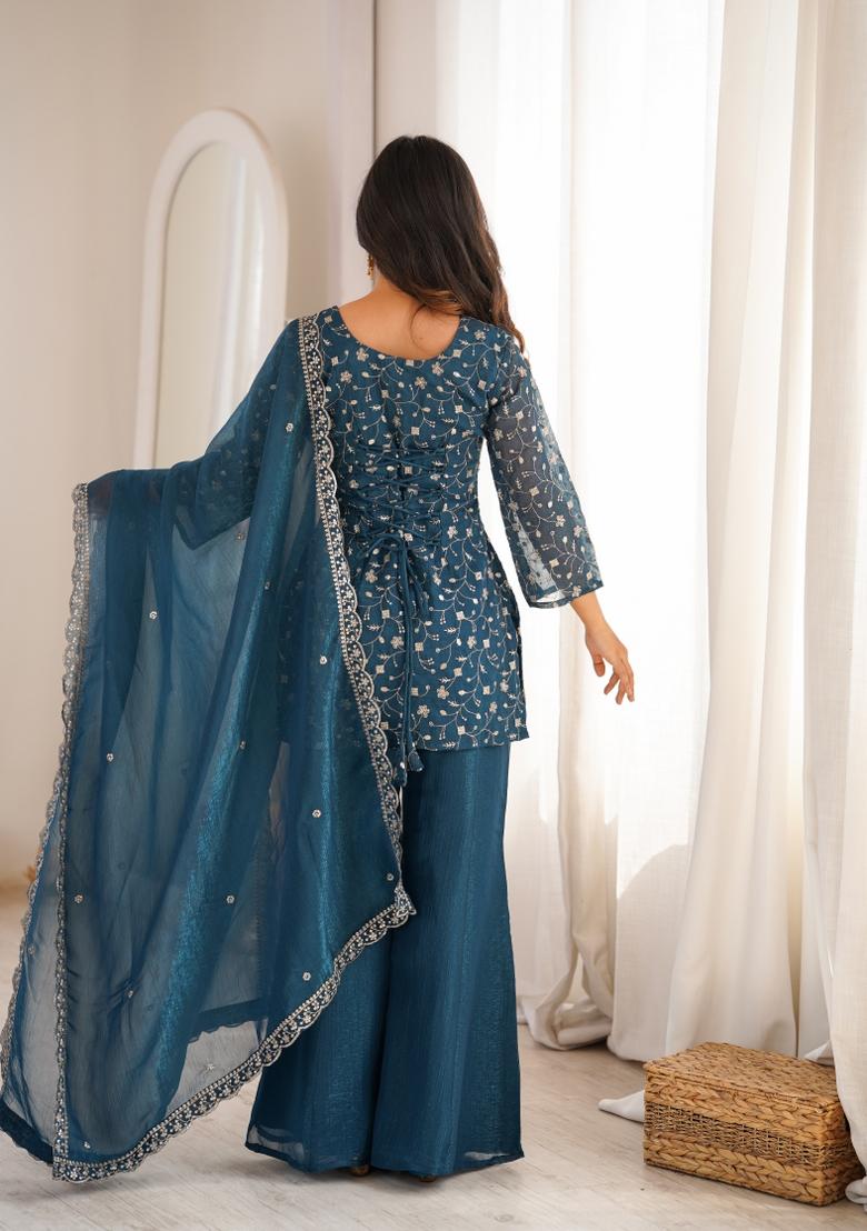 Teal Blue Embroidery Silk Kurta Set - Indya
