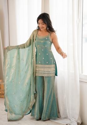 Sea Green Embroidery Silk Kurta Set
