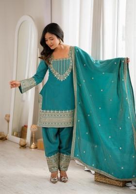 Sea Green Embroidery Silk Kurta Set