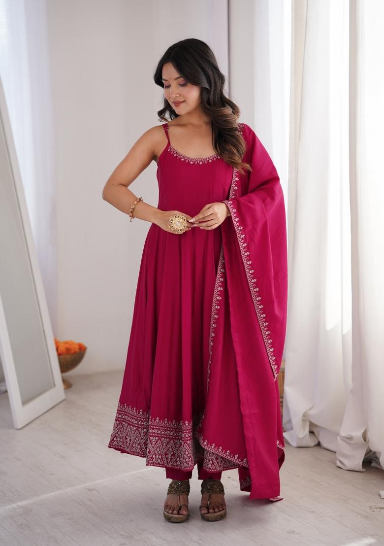 Dark Pink Embroidery Silk Anarkali Set - Indya