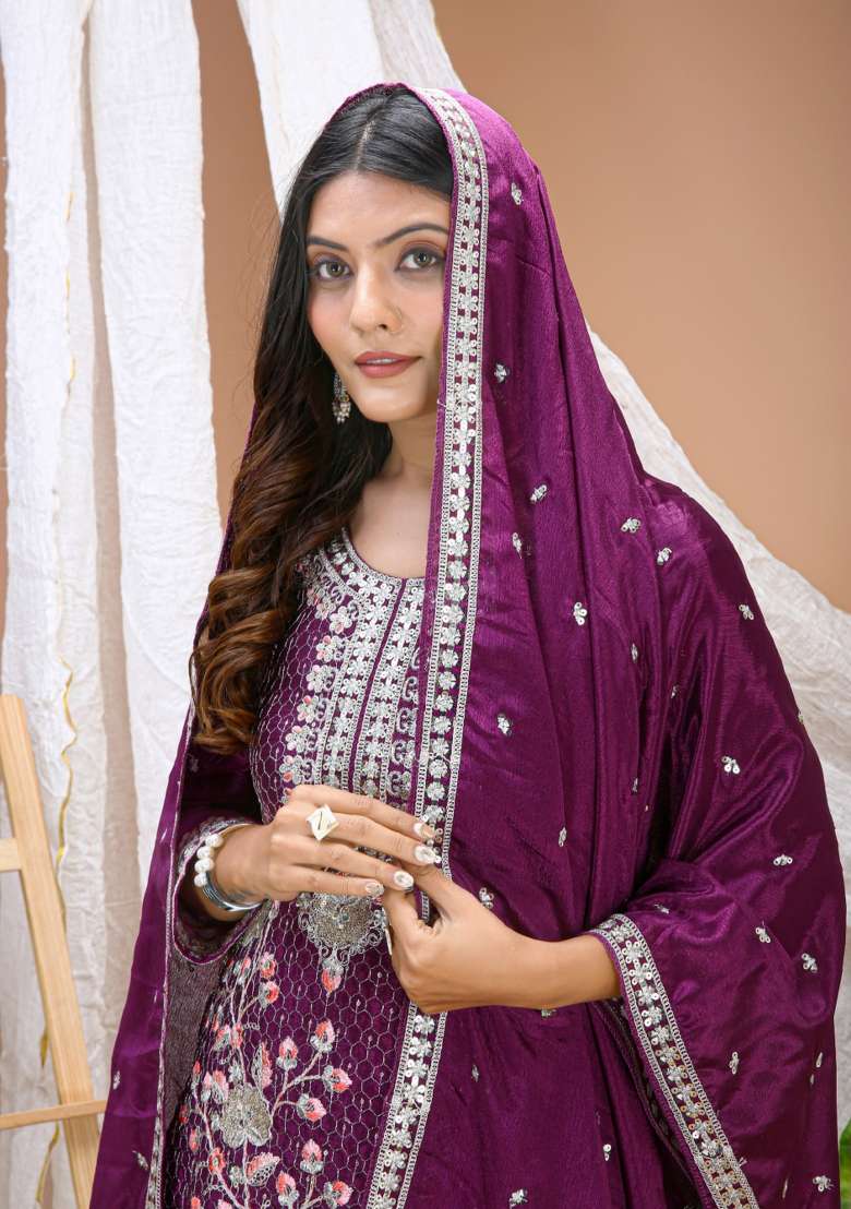 Wine Embroidery Chinon Sharara Set - Indya