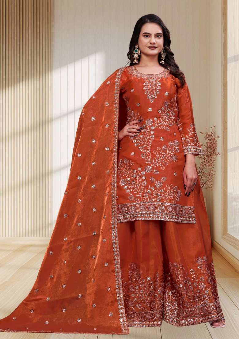 Rust Embroidery Silk Sharara Set - Indya