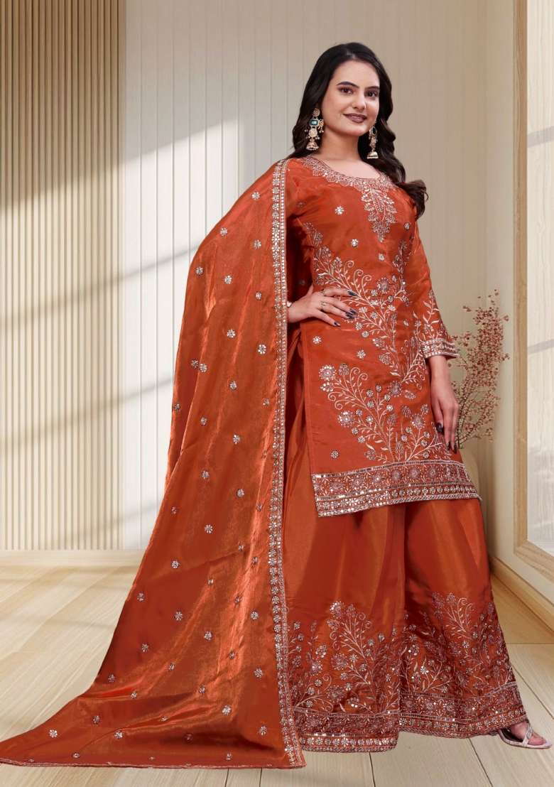 Rust Embroidery Silk Sharara Set - Indya