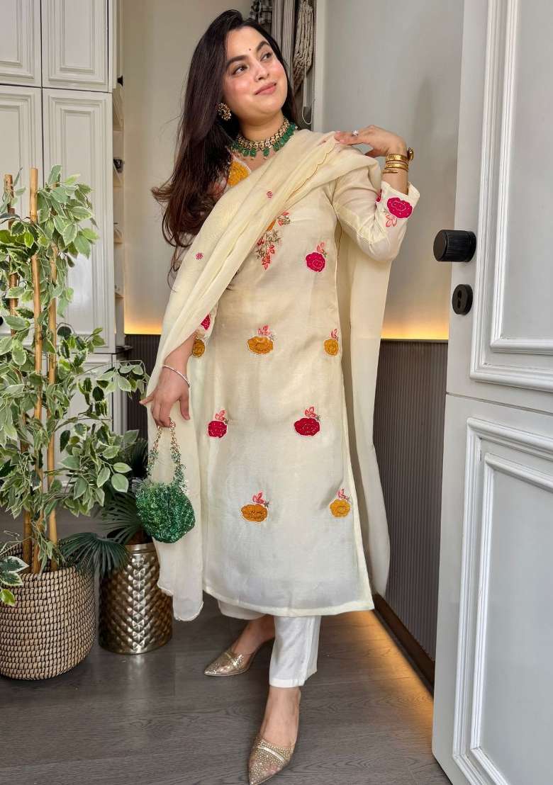 White Embroidery Roman Kurta Set - Indya