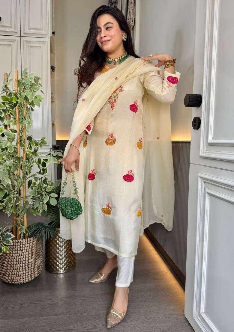 White Embroidery Roman Kurta Set - Indya