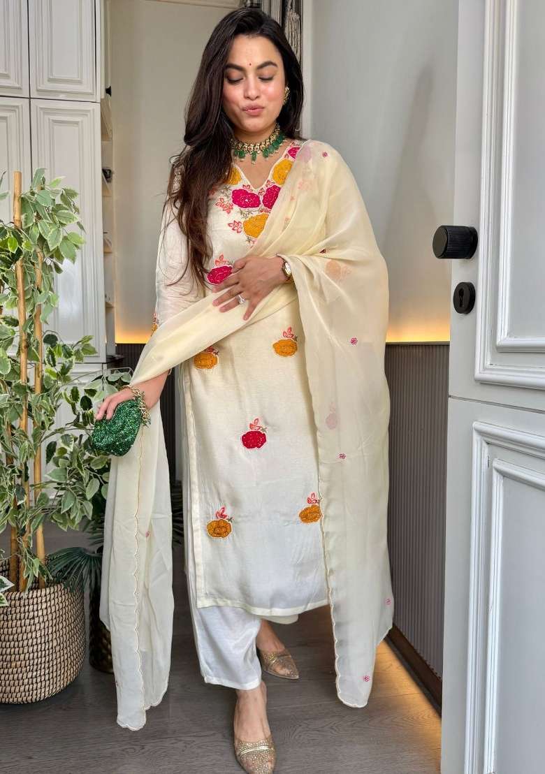 White Embroidery Roman Kurta Set - Indya