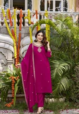 Magenta Embroidery Viscose Kurta Set