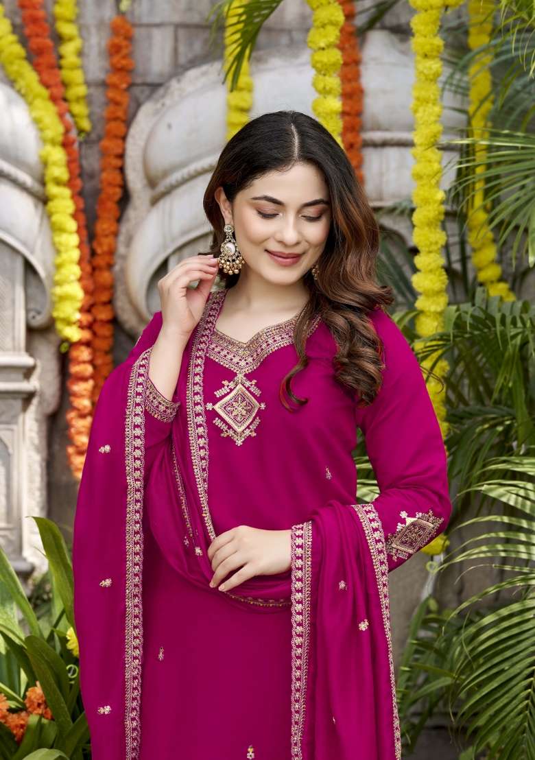 Magenta Embroidery Viscose Kurta Set - Indya