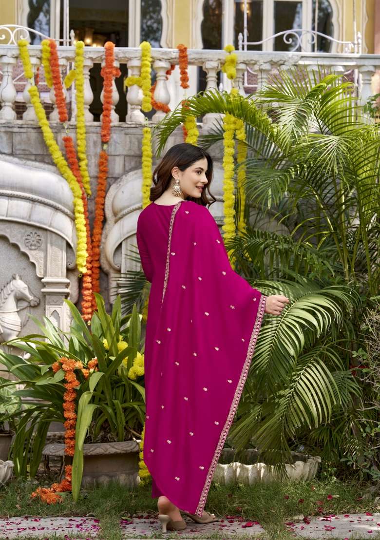 Magenta Embroidery Viscose Kurta Set - Indya