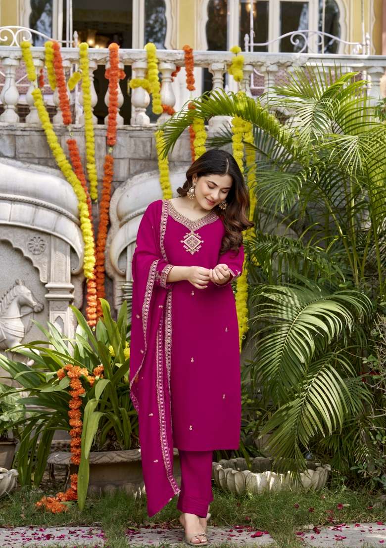 Magenta Embroidery Viscose Kurta Set - Indya