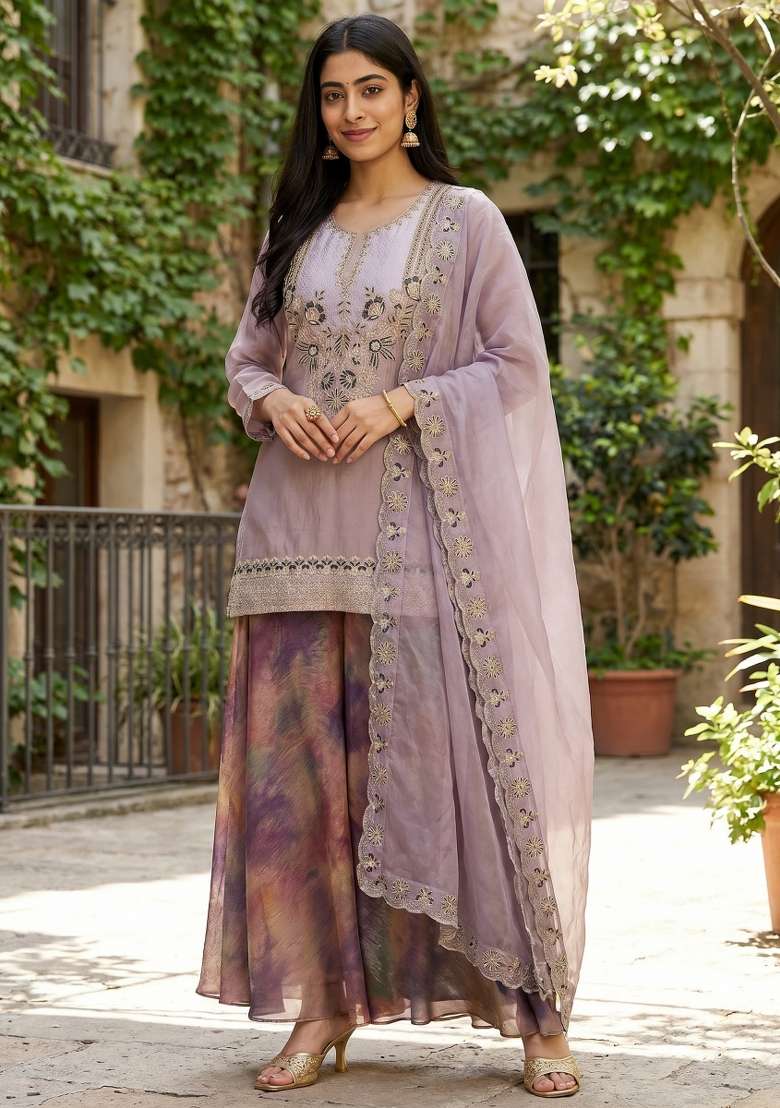 Lavender Embroidery Satin Palazzo Set - Indya