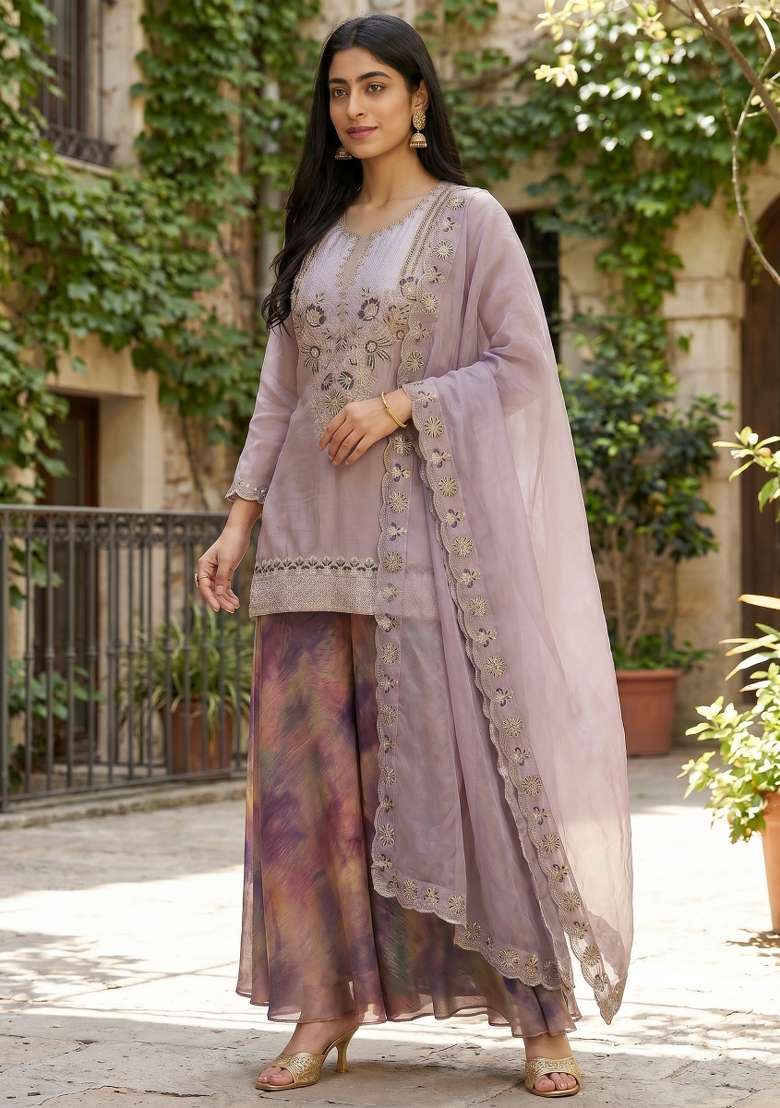 Lavender Embroidery Satin Palazzo Set - Indya
