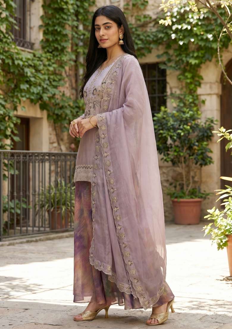 Lavender Embroidery Satin Palazzo Set - Indya