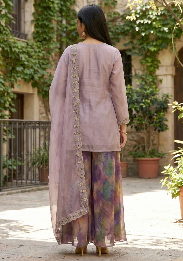 Lavender Embroidery Satin Palazzo Set - Indya