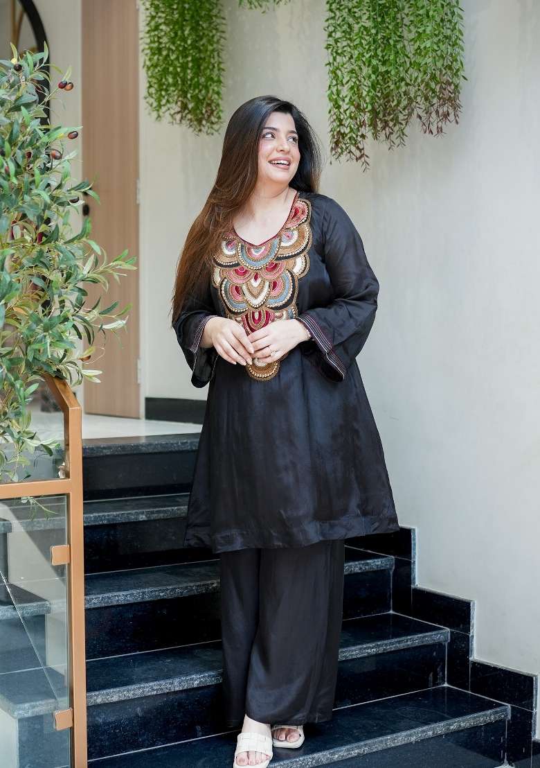 Black Embroidery Crepe Palazzo Set - Indya
