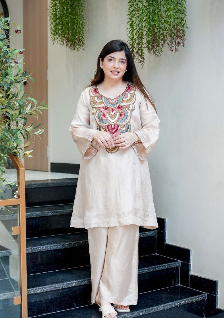 Cream Embroidery Crepe Palazzo Set - Indya