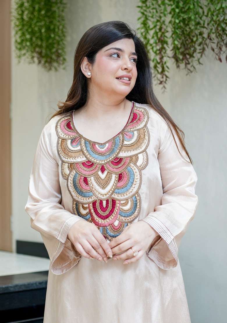 Cream Embroidery Crepe Palazzo Set - Indya