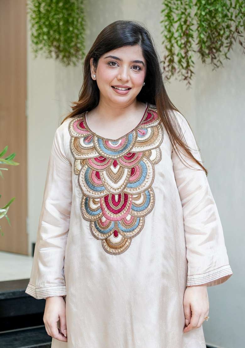 Cream Embroidery Crepe Palazzo Set - Indya