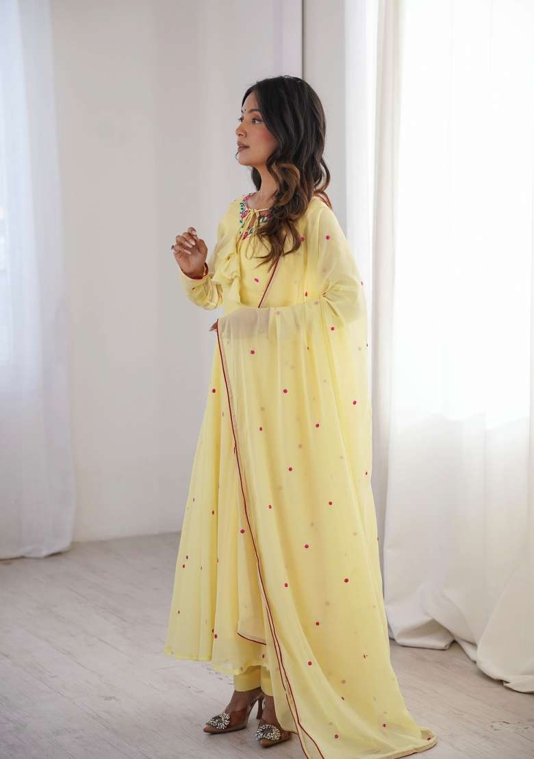 Yellow Embroidery Georgette Anarkali Set - Indya