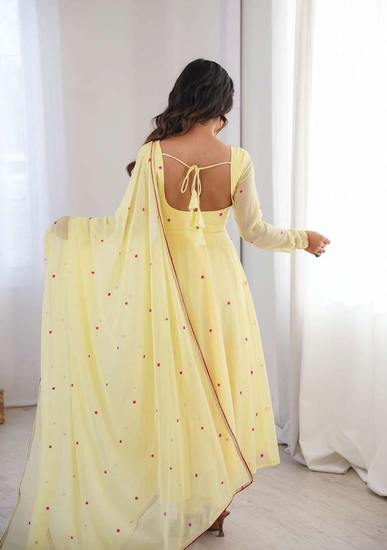 Yellow Embroidery Georgette Anarkali Set - Indya