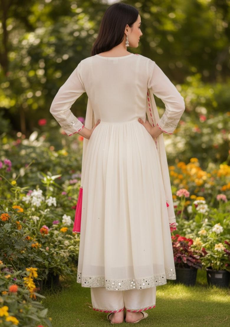 Off White Embroidery Georgette Kurta Set - Indya
