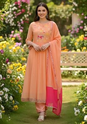 Peach Embroidery Georgette Kurta Set