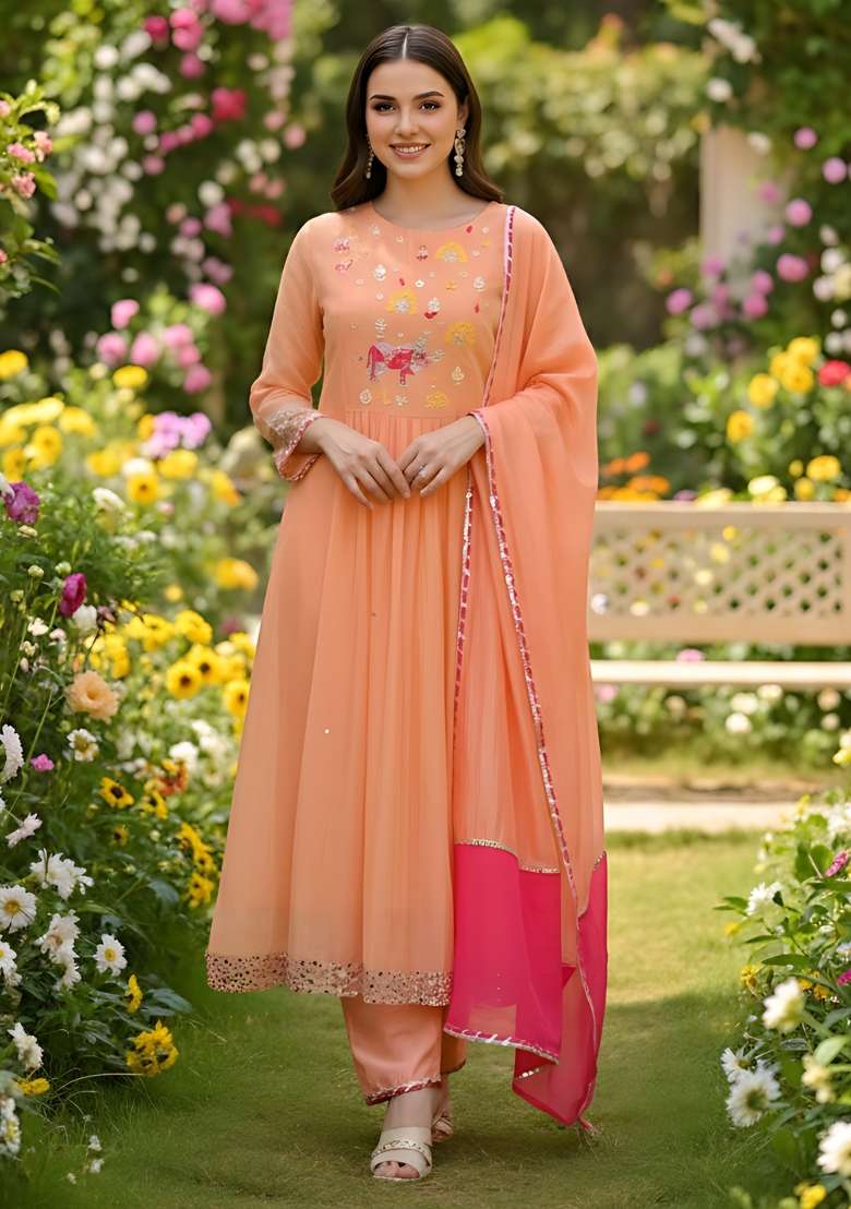 Peach Embroidery Georgette Kurta Set - Indya
