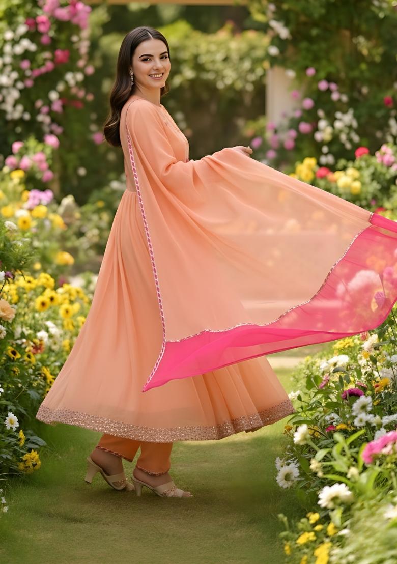 Peach Embroidery Georgette Kurta Set - Indya
