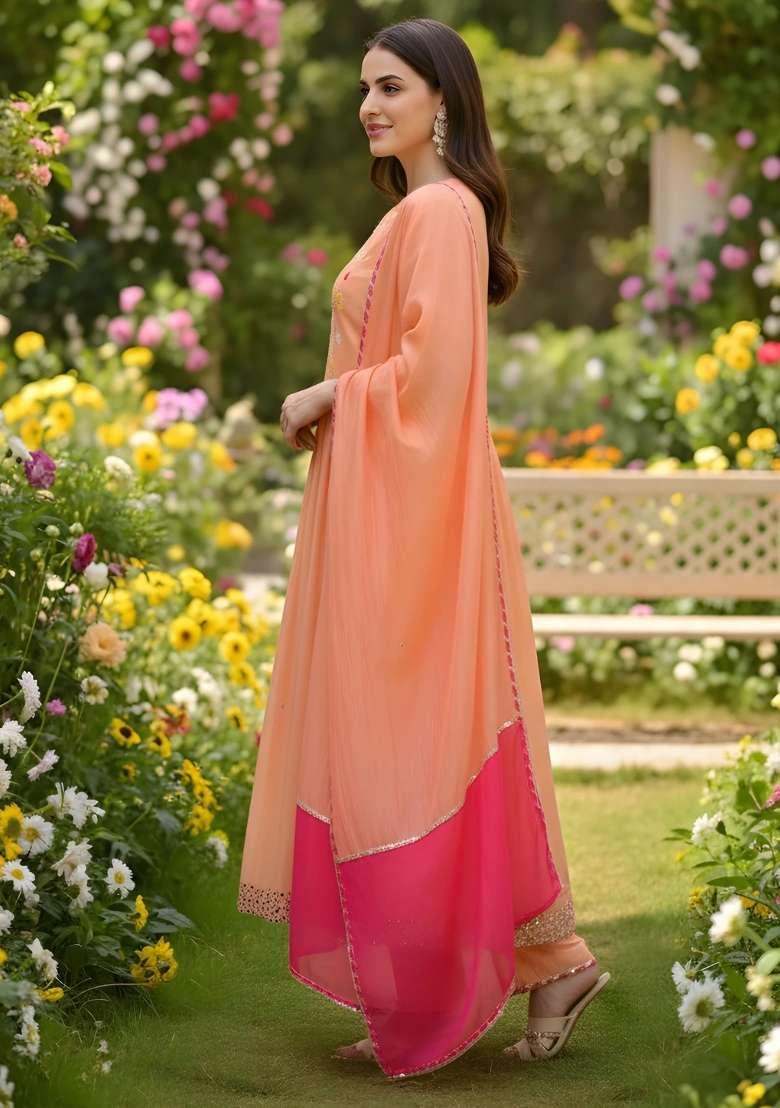 Peach Embroidery Georgette Kurta Set - Indya