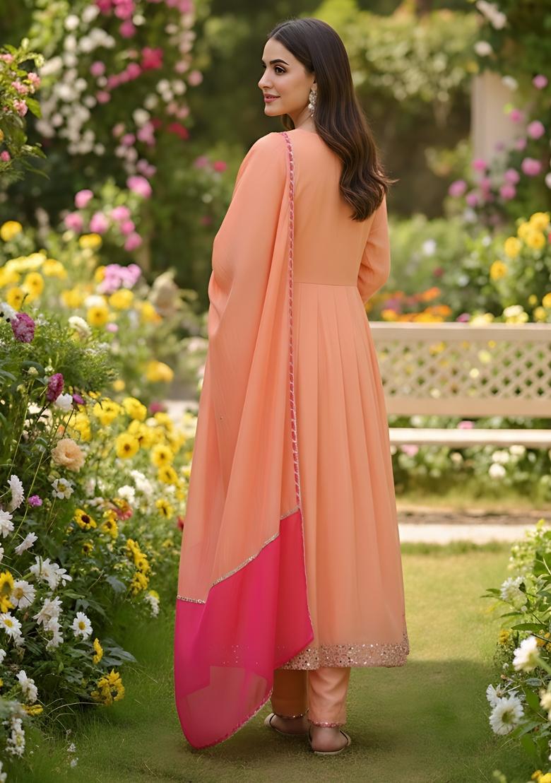 Peach Embroidery Georgette Kurta Set - Indya