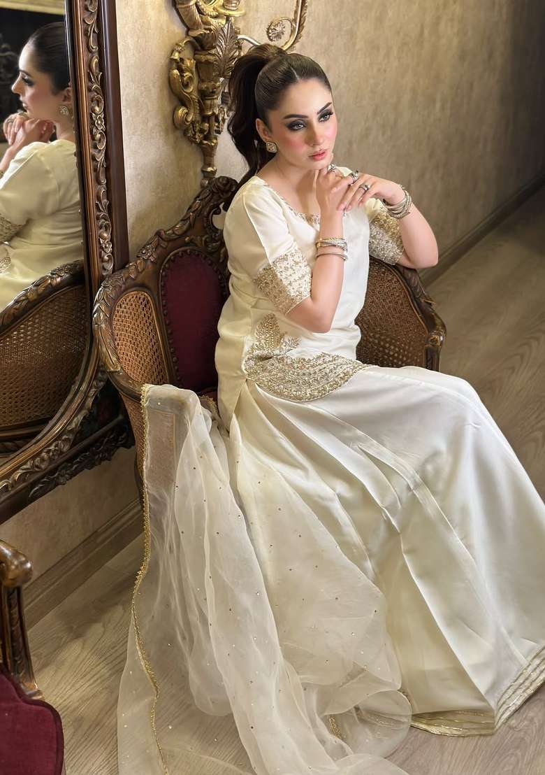 Off White Embroidery Chinon Palazzo Set - Indya