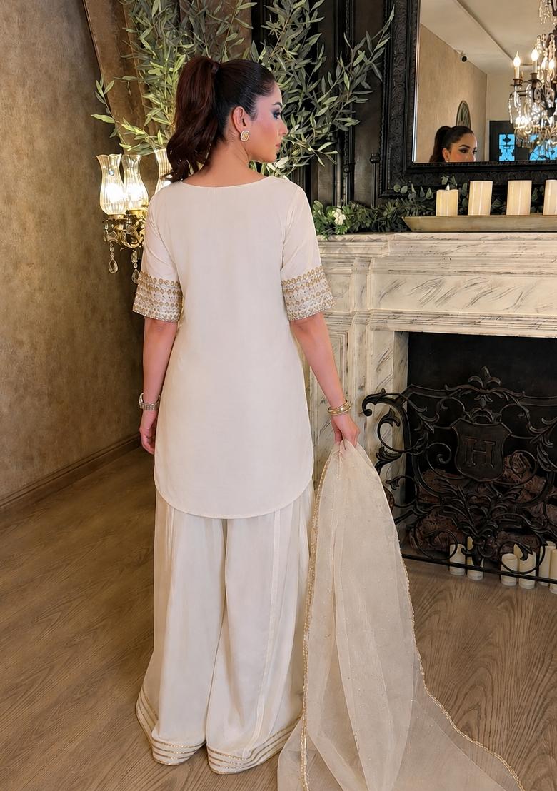 Off White Embroidery Chinon Palazzo Set - Indya