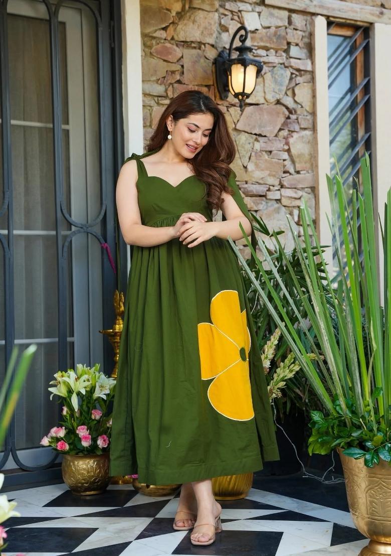 Olive Printed Rayon Gown - Indya