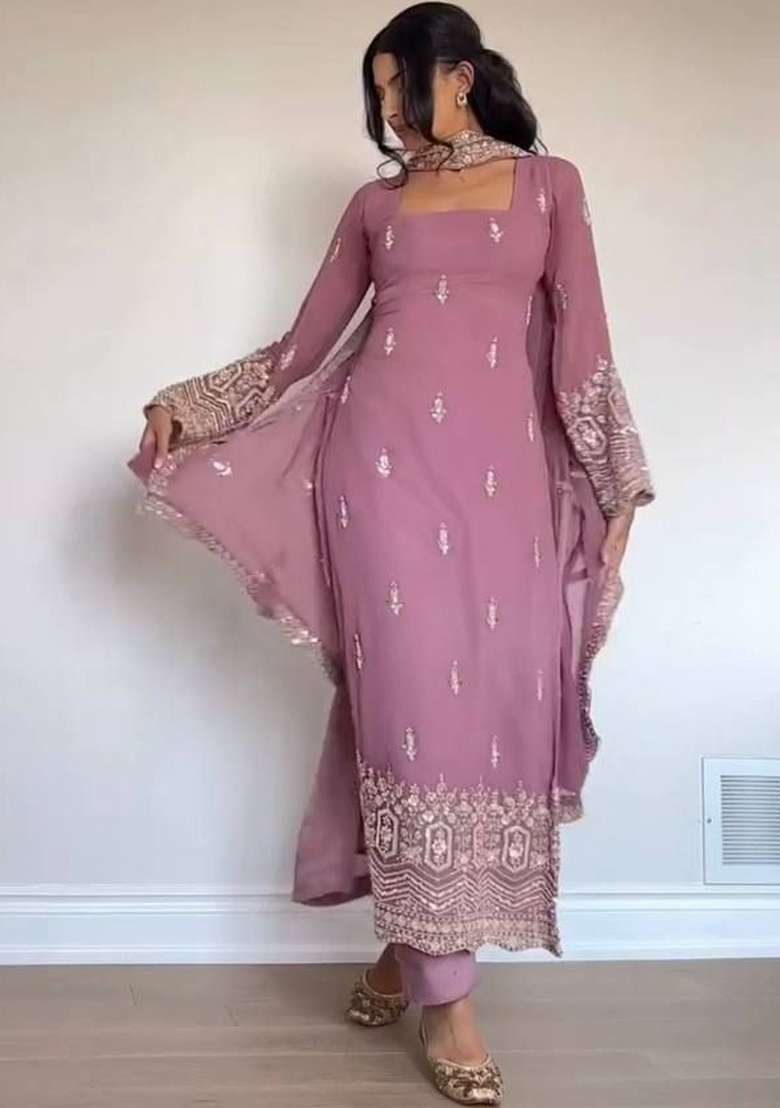 Pink Embroidery Georgette Kurta Set - Indya
