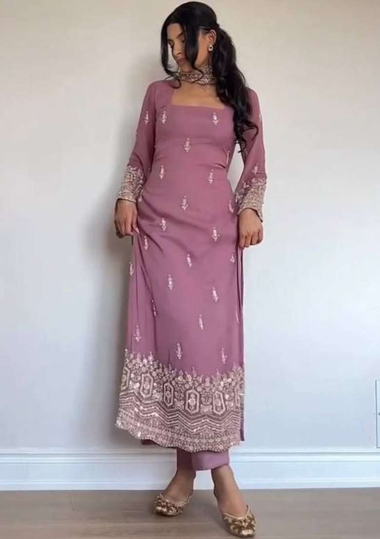 Pink Embroidery Georgette Kurta Set - Indya