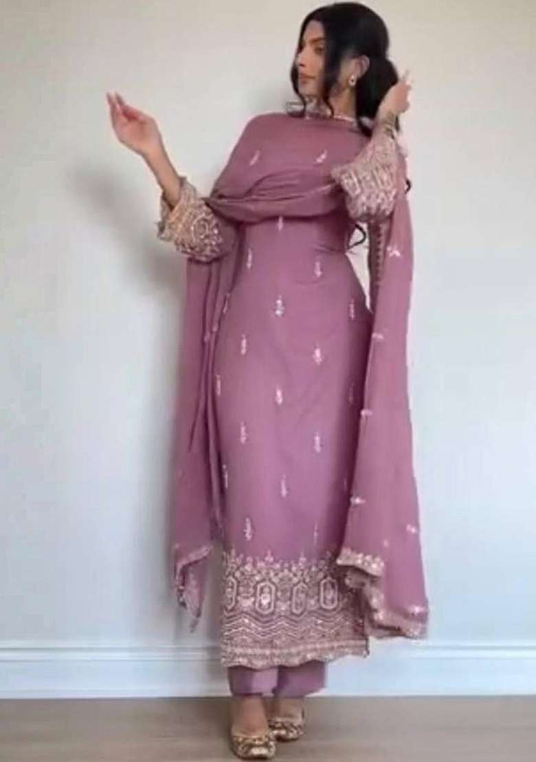 Pink Embroidery Georgette Kurta Set - Indya