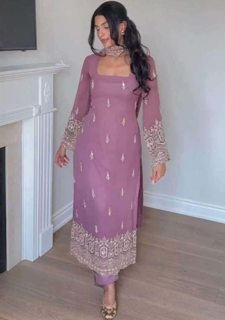 Pink Embroidery Georgette Kurta Set - Indya
