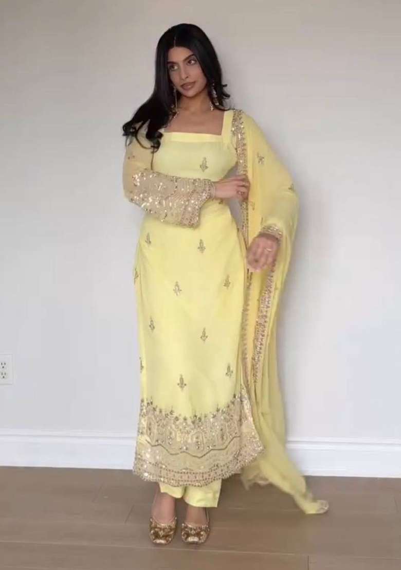Yellow Embroidery Georgette Kurta Set - Indya