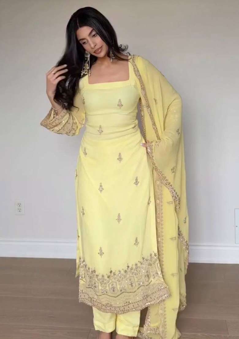Yellow Embroidery Georgette Kurta Set - Indya