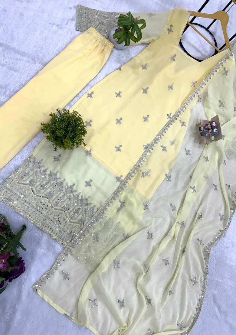 Yellow Embroidery Georgette Kurta Set - Indya