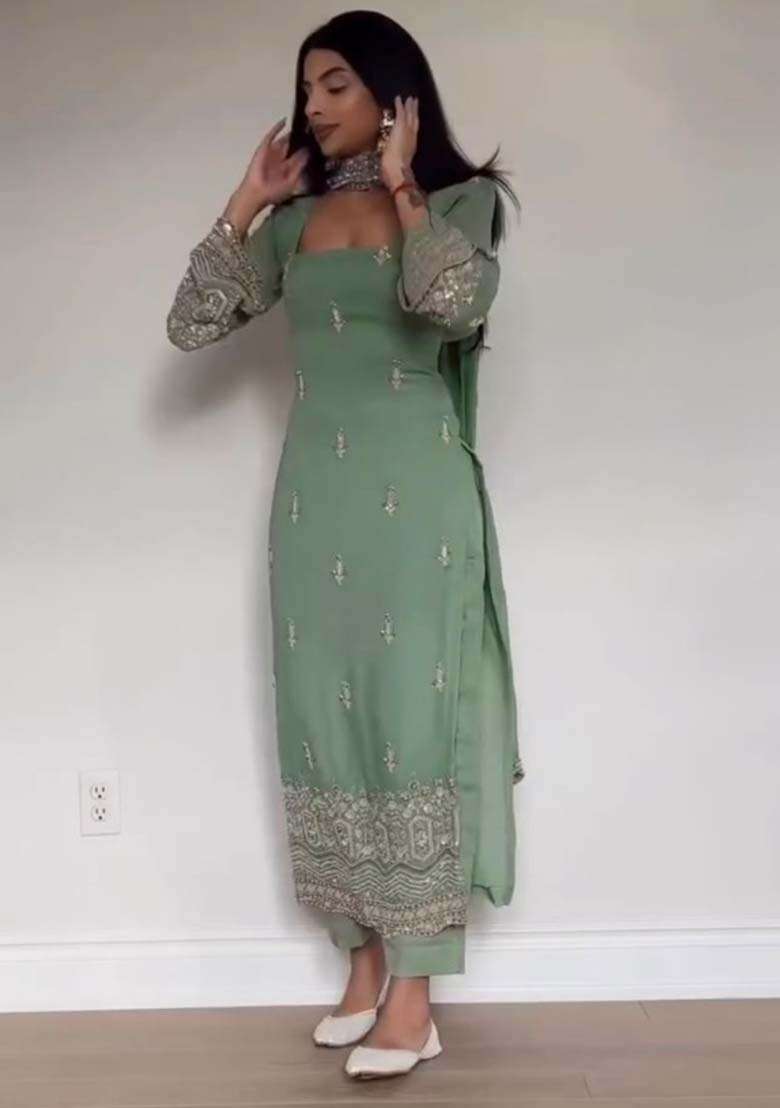 Pista Embroidery Georgette Kurta Set - Indya