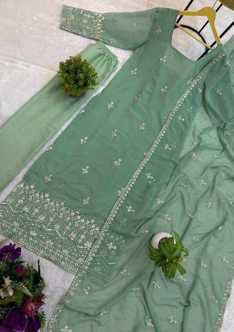 Pista Embroidery Georgette Kurta Set - Indya