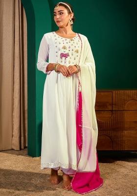 Off White Embroidery Georgette Kurta Set