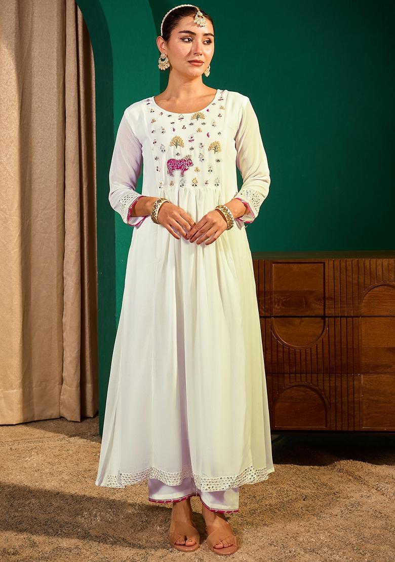 Off White Embroidery Georgette Kurta Set - Indya