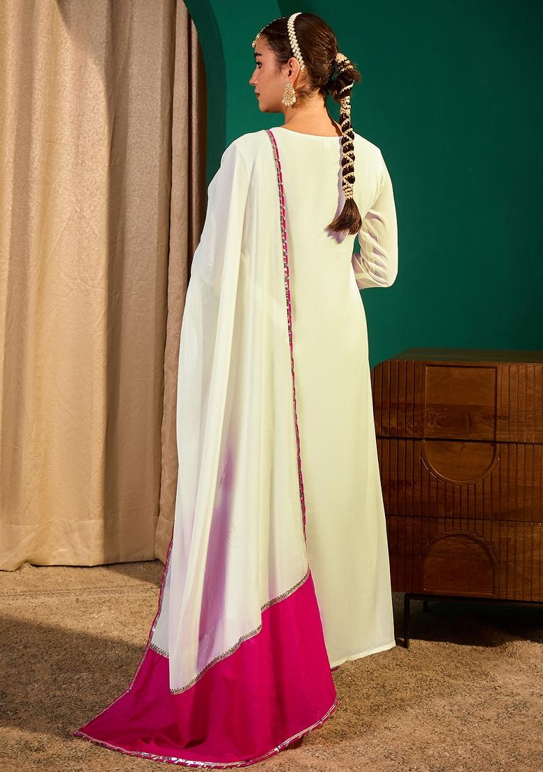Off White Embroidery Georgette Kurta Set - Indya