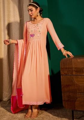Peach Embroidery Georgette Kurta Set