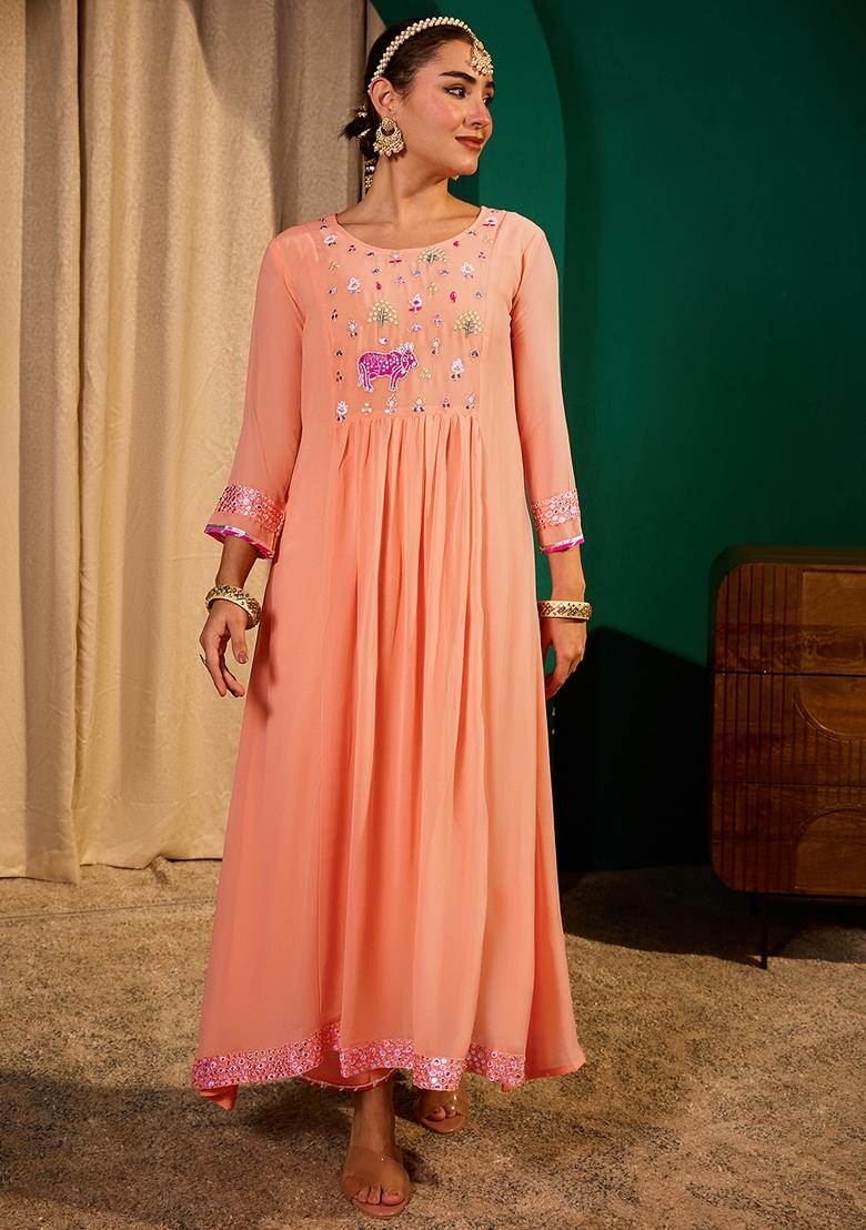 Peach Embroidery Georgette Kurta Set - Indya